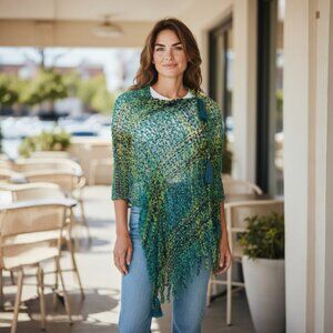 Teal Green Olive Navy Check  Poncho Vest Scarf Adjustable Tassel…